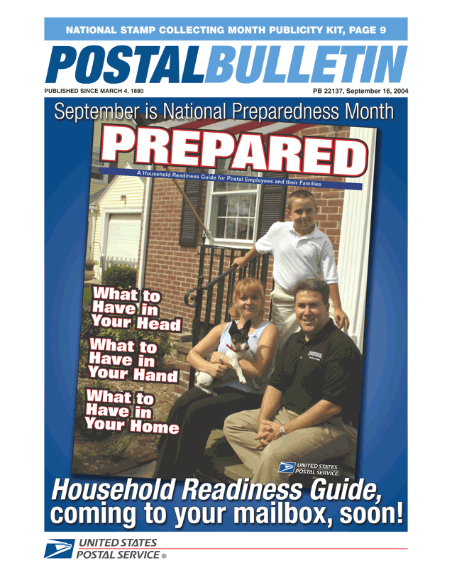 Postal Bulletin 22137 - September 16, 2004. National Stamp Collecting Month Publicity Kit in this issue. September is National Preparedness Month.