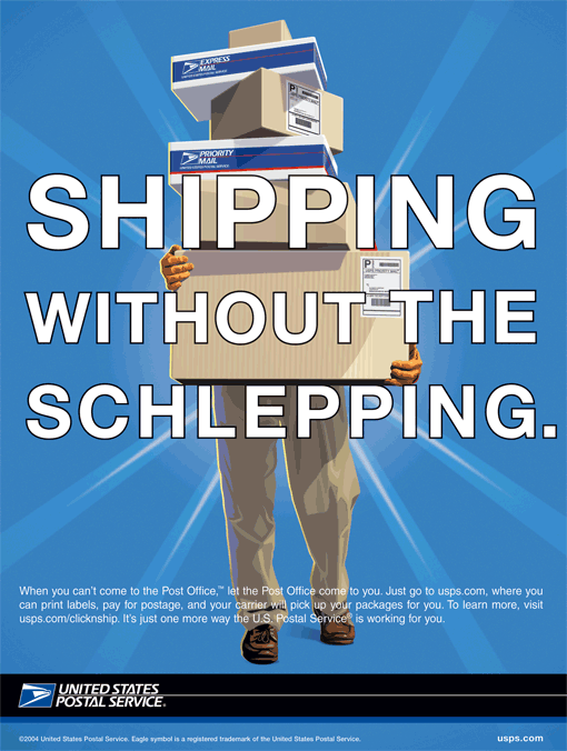 back cover-delivery man carry lots of boxes and a message that reads 'Shipping Without The Schlepping'