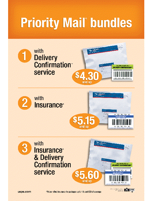 Priority Mail bundles with Delivery Confirmation service, with Insurance, with Insurance & Delivery Confirmation service. Visit usps.com for more information.