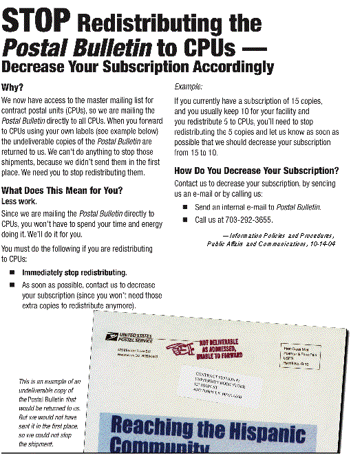 Stop redistributing the Postal Bulletin to CPUs - Decrease your subscription accordingly. A D-Link is provided.