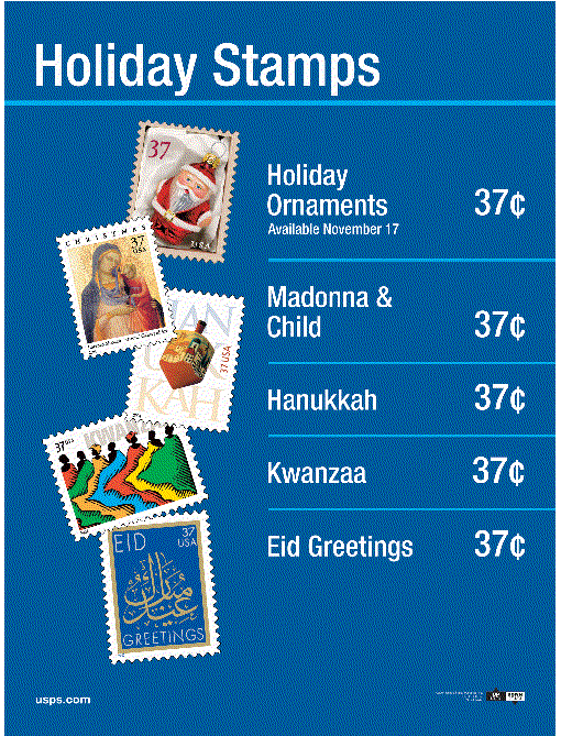 Holiday Stamps - Holiday Ornaments, Madonna & Child, Hanukkah, Kwanzaa, Eid Greetins - available November 17. Each stamp is 37 cents.