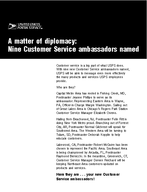 A matter of diplomacy: Nine Customer Service ambassadors named. A d-link is provided