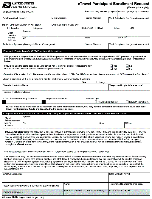 PS Form 1010, eTravel Participant Enrollment Request, page 1 of 2.
