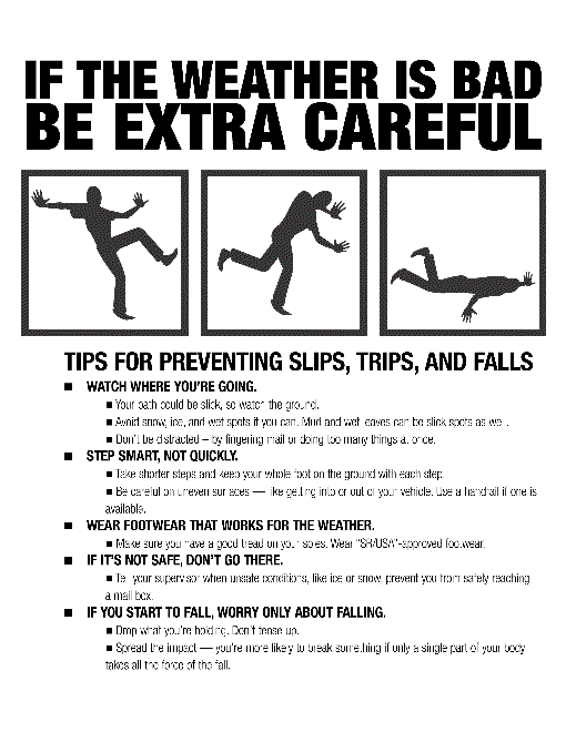 If the weather is bad, be extra creful. Tips for preventing slips, trips, and falls. A D-Link is provided.