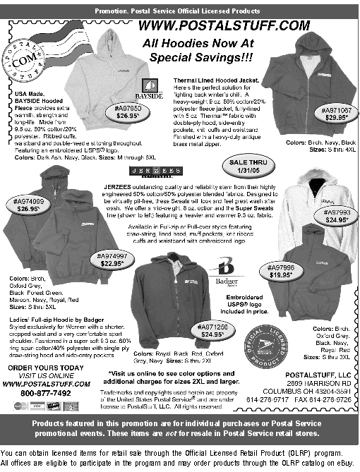 Promotions. All Hoodies Now At Special Savings! Order yours today. Visit online at www.postalstuff.com or call 800-877-7492.