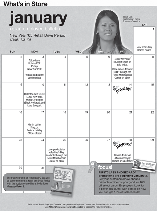 WIS Jan. retail employee bulletin. New Year 05 Retail Drive Period 1/1/05-3/31/05. Calendar.