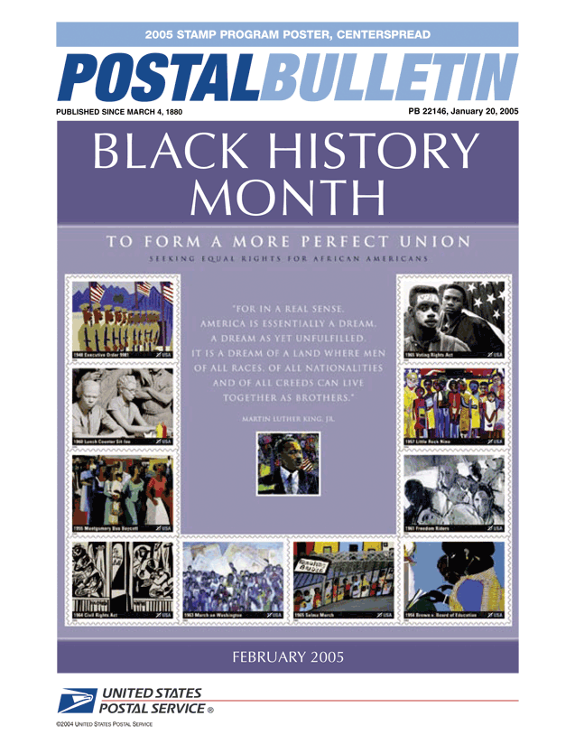 Postal Bulletin 22146, January 20, 2005. Black History Month. To form a more perfect union. 2005 Stamp Program Poster, Centerspread.