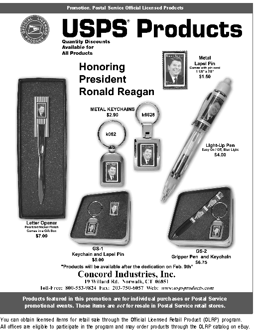 Promotion. USPS Products Honoring President Ronald Reagan. To order call 800-553-9824 or visit www.uspsproducts.com.