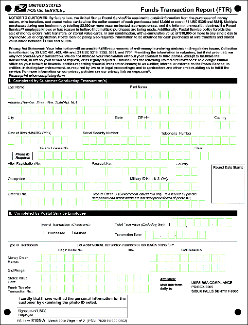 PS 8105-A, March 2005 - Funds Transaction Report (FTR), page 1 of 2.