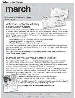 March retail employee bulletin. New Year '05 Retail Drive Period 1/1/05-3/31/05. Ask Your Customers if They Need Money Orders. Increase Revenue From Philatelic Product.