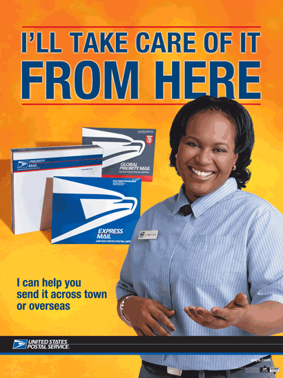 I'll take it from here. I can help you send it across town or overseas. Global and Priority Express mail poster.
