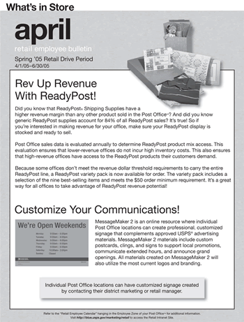 Retail employee bulletin. Spring 05 Retail Drive Period 4/1/05-6/30/05. Rev Up Revenue With ReadyPost. Customize Your Communications. A d-link is provided.