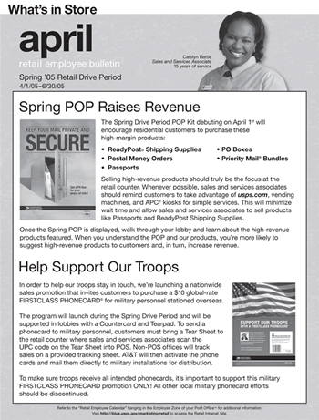 Retail employee bulletin. Spring 05 Retail Drive Period 4/1/05-6/30/05. Spring POP Raises Revenue. Help Support Our Troops. A d-link is provided.