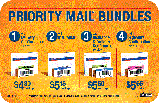 Priority Mail Bundles, with Deivery Confirmation service $4.30 and up, with Insurance $5.15 and up, with Insurance & Delivery Confirmation service $5.60 and up, with Signature Confirmation service $5.65 and up.