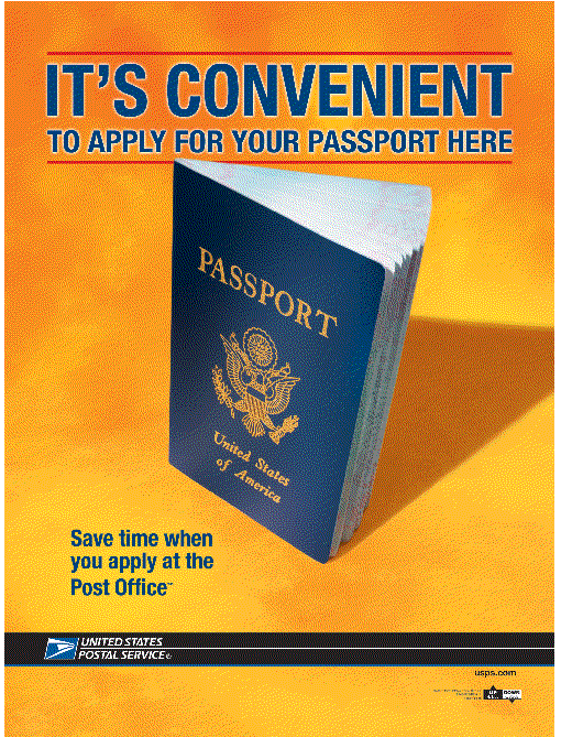 It's convenient to apply for your passport here. Save time when you apply at the Post Office. usps.com
