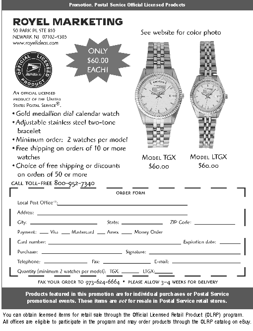 Promotion. Royel Marketing. Watches only $60.00 each. See website for color photo. Fax your order to 973-624-6664 or visit www.royelideas.com.