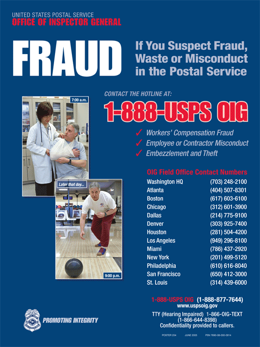 Poster 204, Fraud:  If You Suspect Fraud, Waste and Misconduct in the Postal Service.