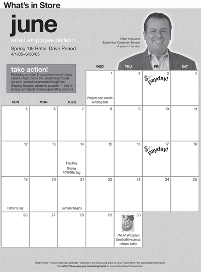 June retail employee bulletin. Spring '05 Retail Drive Period 4/1/05-6/30/05. Calendar.