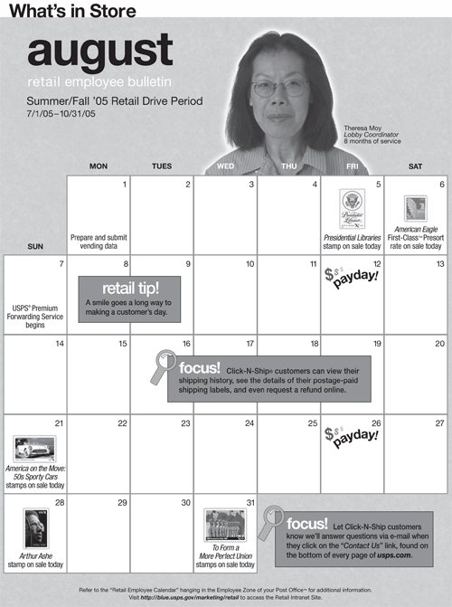 WIS August retail employee bulletin. Summer/Fall '05 Retail Drive Period 7/1/05-10/31/05. Calendar.