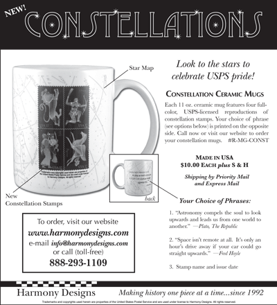 New Constellation Ceramic Mugs:11oz,$10 plus S&H call 888-293-1109 or visit www.harmonydesigns.com