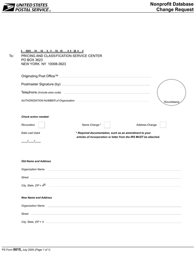 PS Form 6015, Nonprofit Database Change Request.