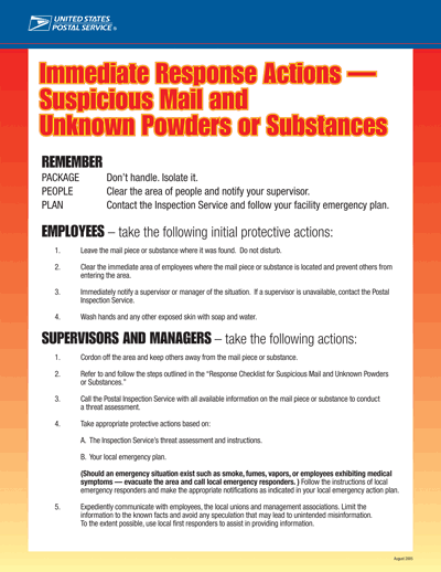 Immediate Response Actions - Suspicious Mail and Unknown Powders or Substances. A d-link is provided.