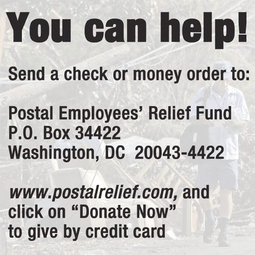 You can help! Postal Employees' Relief Fund P.O. Box 34422 Washington DC 20043-4422  or www.postalrelief.com 