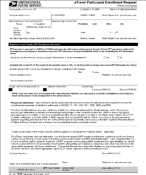 PS Form 1010, eTravel Participant Enrollment Form (page 1 of 2)