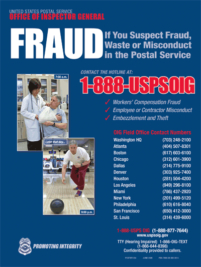 Fraud Alert poster contact hotline number 1-888-USPSOIG If You suspect Fraud