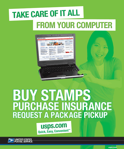 Poster- Take Care of it All- Buy Stamps , Purchase Insurance, Request Package on usps.com