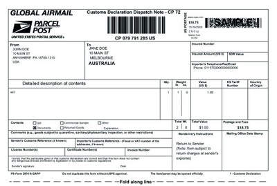 PS Form 2976-A-GAPP, Global Airmail Parcel Post With Customs Declarations Dispatch Note - CP 72 (electronic version).
