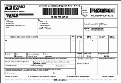 PS Form 2976-A-GEM, Global Express Mail With Customs Declarations Dispatch Note - CP 72 (electronic version).