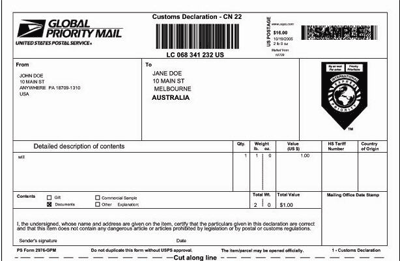 PS Form 2976-GPM, Global Priority Mail With Customs Declarations - CN 22 (electronic version).