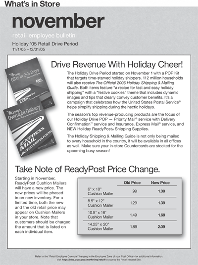 Whats in Store, November retail employee bulletin holiday 05 retail drive period November 1 through December 31, 2005, Drive Revenue With Holiday Cheer