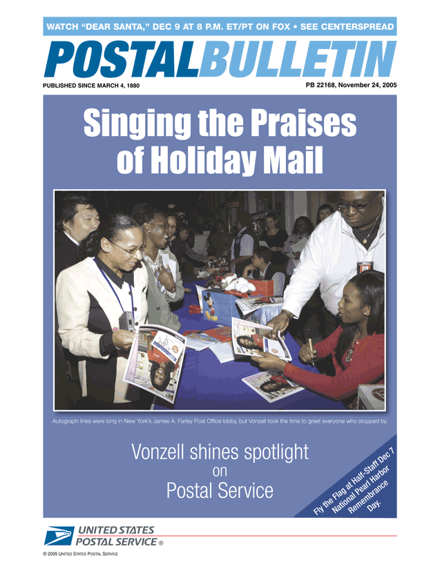 Cover-Singing Praises of Holiday Mail,Vonzell shines spotlight on Postal Service by signing autographs in NYC
