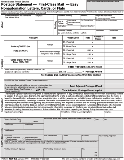 PS Form 3600-EZ, Postage Statement First-Class Mail. 1 of 2