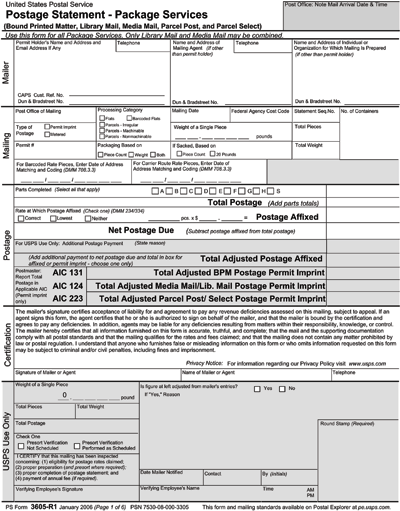 PS Form 3605-R1, Postage Statement Package Services. 1 of 7