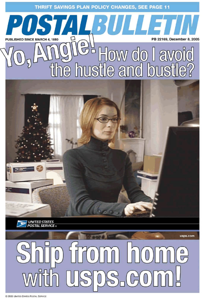 Postal Bulletin 22169- Image of woman sitting in from of computer-How do I avoid hustle and bustle?Shop from home usps.com