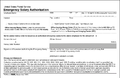 PS Form 1608, Emergency Salary Authorization.