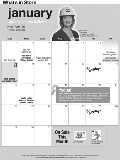 January retail employee bulletin. New Year '06 1/1/06-6/30/06. Retail Employee Calendar.