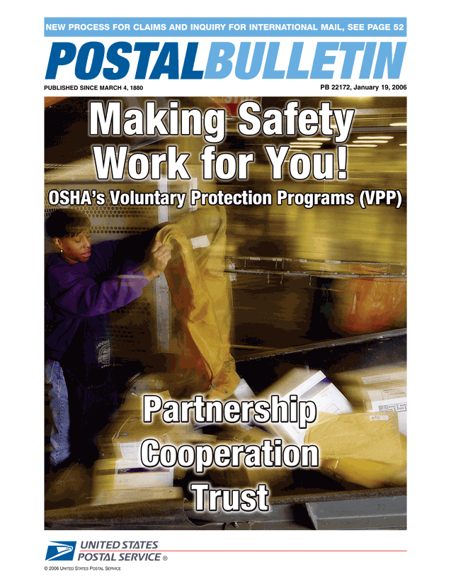 Postal Bulletin Cover: Making Safety Work for You-OSHA's Voluntary Protection Programs- Partnership Cooperation and Trust