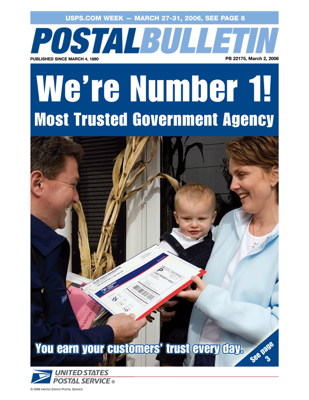 Postal Bulletin Cover- We are Number 1! Mosted Trusted Government Agency-usps week March 27-31 2006