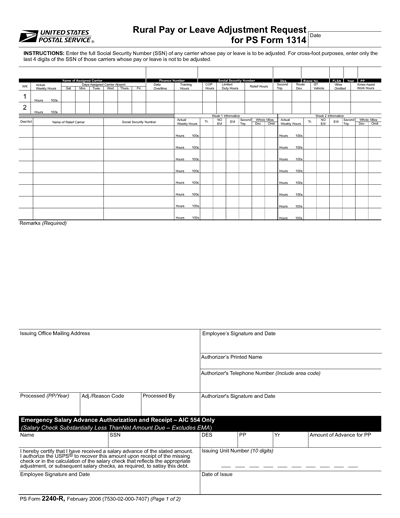 PS Form 2240-R, Rural Pay or Leave Adjustment Request for PS Form 1314, page 1 of 2.