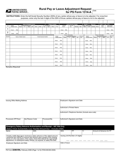 PS Form 2240-RA, Rural Pay or Leave Adjustment Request for PS Form 1314-A, page 1 of 2.