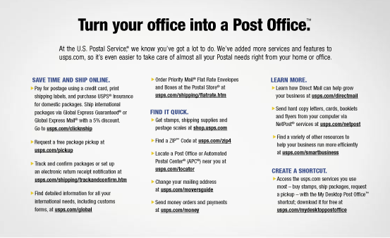 Turn your office into a Post Office. Visit usps.com/mydesktoppostoffice.