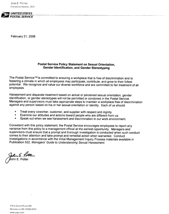 Postal Service Policy Statement on Sexual Orientation, Gender Identification, and Gender Stereotyping. A d-link is provided.