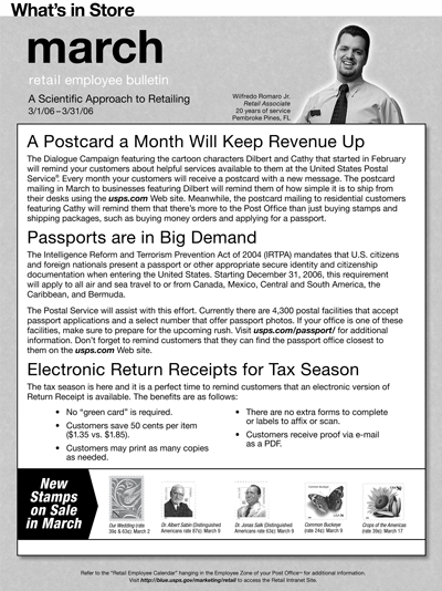 March retail employee bulletin. A Scientific Approach to Retailing 3/1/06-3/31/06. A Postcard a Month Will Keep Revenue Up. Passports are in Big Demand. Electronic Return Receipts for Tax Season.