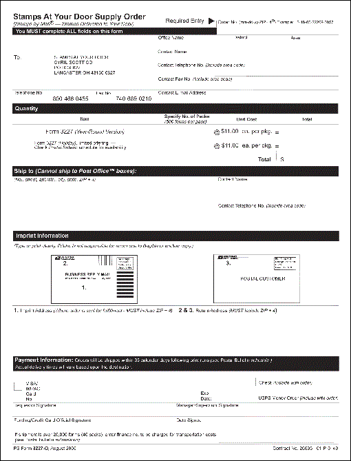 PS Form 3227-O, August 2005 - Stamps At Your Door Supply Order.