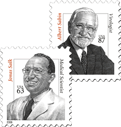 Dr. Jonas Salk and Dr. Albert Sabin stamps.