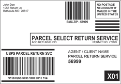 Parcel Select Return Service label using a separate PRS barcode and postal routing barcode.